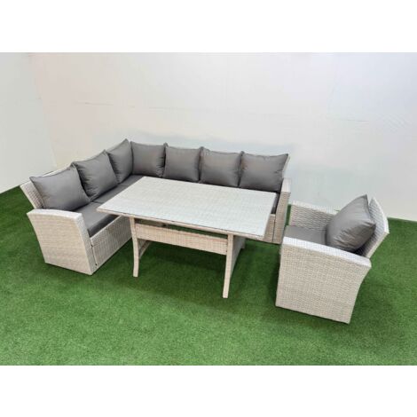 Fimous 7 Seater Rattan Garden Furniture Set Outdoor Patio Dining Corner Sofa Sets with Dining Table Chair Light Grey Mixed