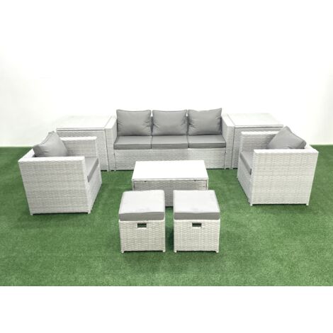 Fimous 7 Seater Rattan Garden Furniture Set with 3 Seater Sofa 2 Chair Rectangular Coffee Table 2 Small Footstools 2 Side Tables Light Grey Mixed