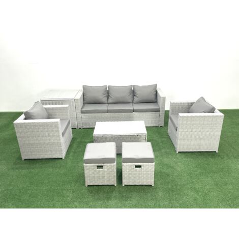 Fimous 7 Seater Rattan Garden Furniture Set with 3 Seater Sofa 2 Chair Rectangular Coffee Table 2 Small Footstools Side Table Light Grey Mixed
