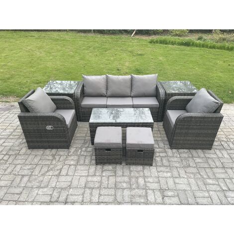 Fimous 7 Seater Rattan Garden Furniture Set with Rectangular Coffee Table 2 Side Tables 2 Small Footstools Patio Outdoor Lounge Sofa Set