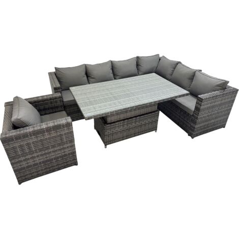 Fimous 7 Seater Rattan Height Adjustable Rising Lifting Table Corner Sofa Sets with Chair Dark Grey Mixed