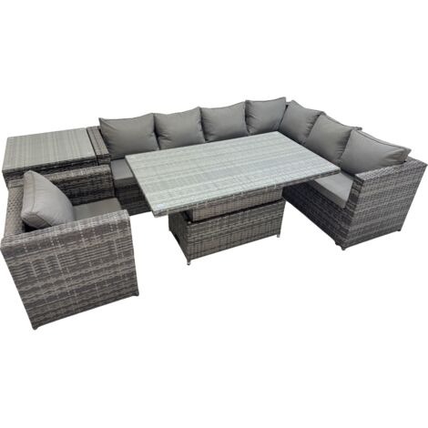 Fimous 7 Seater Rattan Height Adjustable Rising Lifting Table Corner Sofa Sets with Chair Side Table Dark Grey Mixed