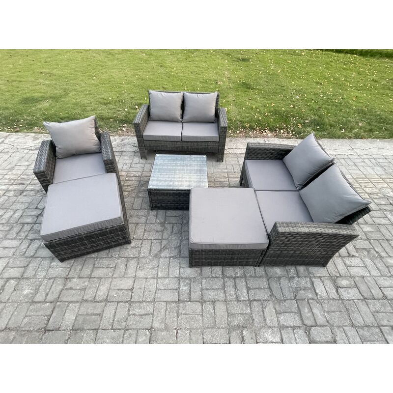 Fimous - 7 Seater Rattan Outdoor Garden Furniture Sofa Set Table & Chairs with 2 Big Footstool Dark Grey Mixed
