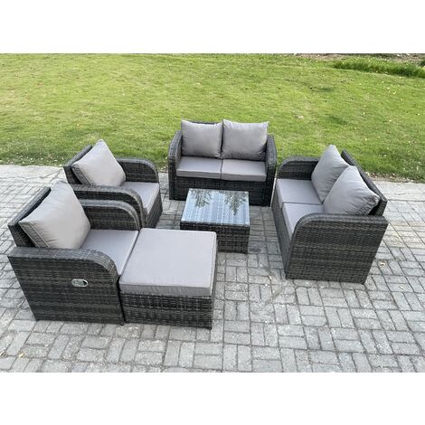 Fimous 7 Seater Rattan Sofa Set Outdoor Garden Furniture Set with Square Coffee Table Loveseat Sofa Reclining Chairs Big Footstool Dark Grey Mixed