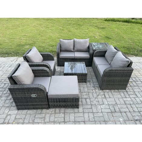 Fimous 7 Seater Rattan Sofa Set Outdoor Garden Furniture Set with Square Coffee Table Loveseat Sofa Reclining Chairs Side Table Big Footstool Dark Grey Mixed