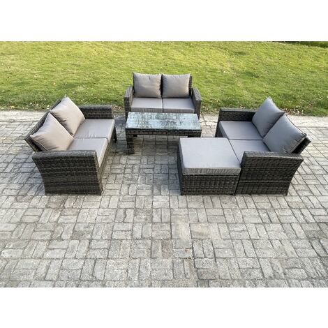 Fimous 7 Seater Rattan Wicker Garden Furniture Patio Conservatory Sofa Set with Coffee Table Double Seater Sofa Big Footstool