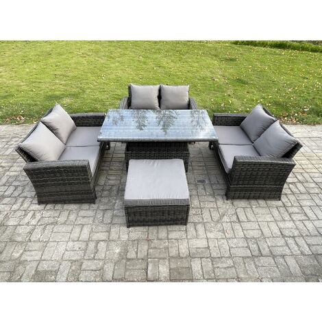 Fimous 7 Seater Rattan Wicker Garden Furniture Patio Conservatory Sofa Set with Height Adjustable Rising Lifting Table Double Seat Sofa Big Footstool