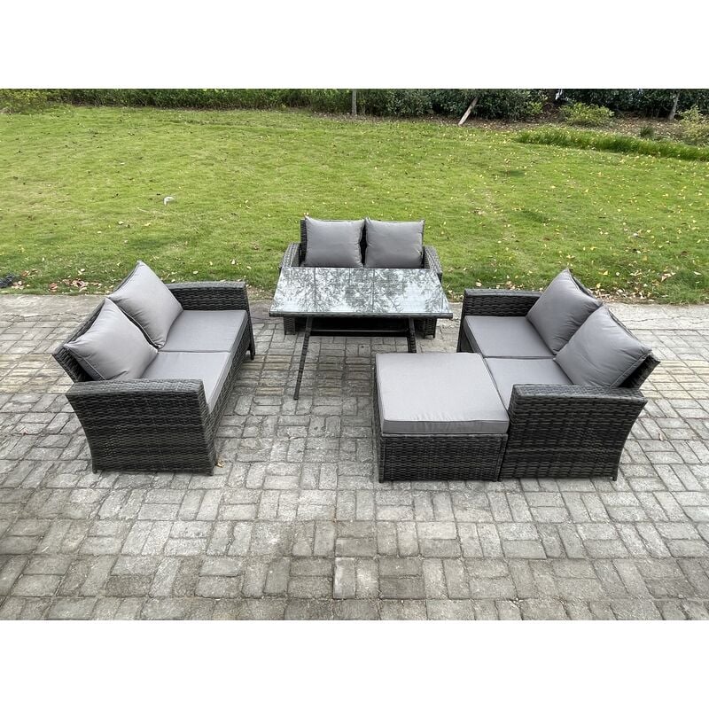 7 Seater Rattan Wicker Garden Furniture Patio Conservatory Sofa Set with Rectangular Dining Table Love Seat Sofa Big Footstool - Fimous