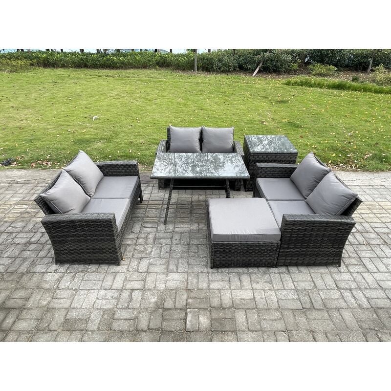7 Seater Rattan Wicker Garden Furniture Patio Conservatory Sofa Set with Rectangular Dining Table Love Seat Sofa Big Footstool Side Table - Fimous