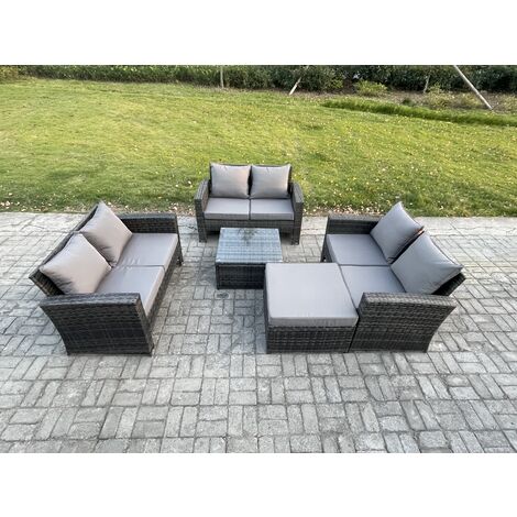 Fimous 7 Seater Rattan Wicker Garden Furniture Patio Conservatory Sofa Set with Square Coffee Table Double Seat Sofa Big Footstool