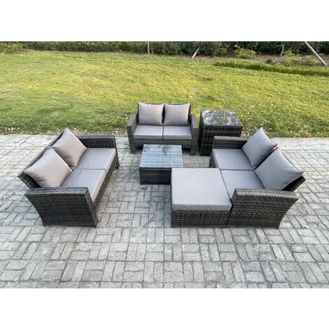 Fimous 7 Seater Rattan Wicker Garden Furniture Patio Conservatory Sofa Set with Square Coffee Table Double Seat Sofa Big Footstool Side Table