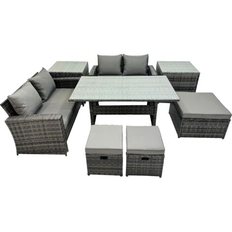 Fimous 7 Seater Wicker PE Rattan Furniture Outdoor Dining Table Double Seat Sofa 2 Side Table 3 Stool Set Dark Grey Mixed