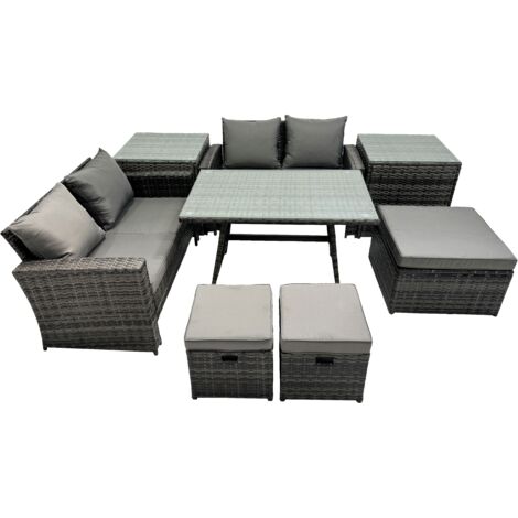 Fimous 7 Seater Wicker PE Rattan Furniture Outdoor Dining Table Double Seat Sofa 3 Stools 2 Side Table Set Dark Grey Mixed