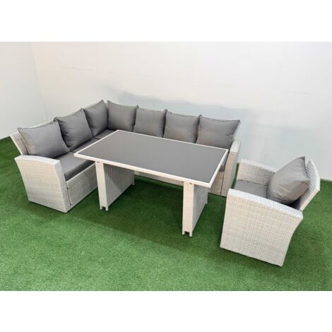 Fimous 7 Seater Wicker Rattan Corner Sofa Sets Outdoor Garden Furniture Sets with Rectangular Dining Table Lounge Sofa Armchair Light Grey