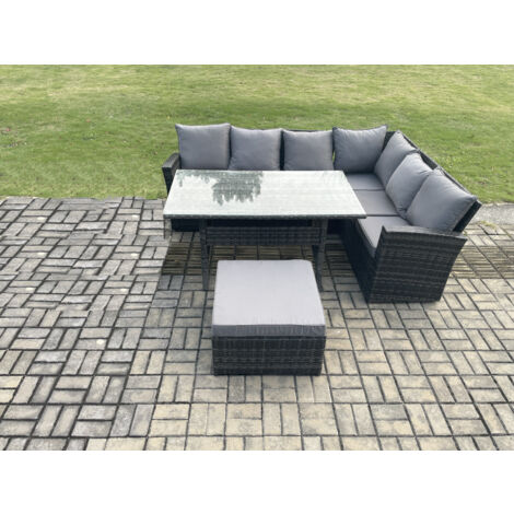 Fimous 7 Sitzer Garten Rattanmöbel Ecksofa Esstisch Set mit Großer Fußhocker