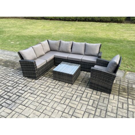 Fimous 7 Sitzer Gartenlounge Set Rattan Ecksofa Set mit Quadratischer Couchtisch Sesseln Dunkelgrau gemischt
