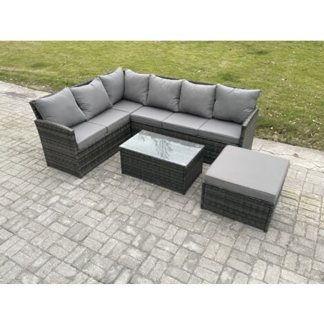 Fimous 7 Sitzer Gartenmöbel-Set aus Rattan mit Couchtisch Großer Fußhocker Dunkelgrau gemischt