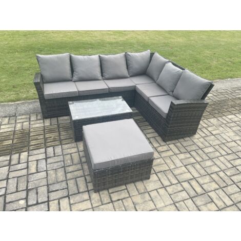 Fimous 7-Sitzer Gartenmöbel-Set Rattan Ecksofa Set mit Rechteckiger Couchtisch 2 Großer Hockern Dunkelgrau Gemischt