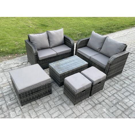 Fimous 7-Sitzer Gartenmöbelset Rattan Garten Sofa im Freien Sessel mit Gehärteter Glastisch 3 Hockern Dunkelgrau Gemischt