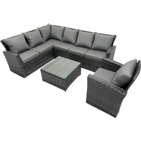 Fimous 7 Sitzer Hoher Rücken Dunkelgrau gemischt rattan Ecksofa set Sessel Quadratischer Couchtisch Gartenmöbel Linke Option