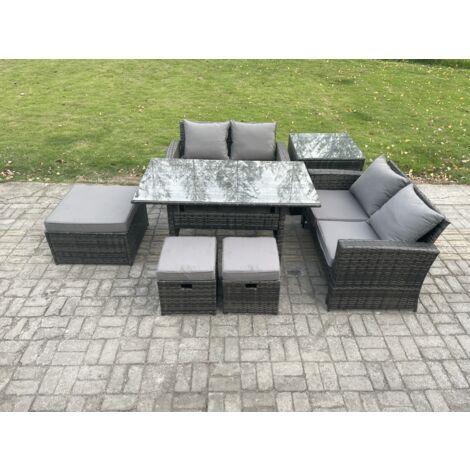 Fimous 7 Sitzer Hoher Rücken Gartengartenmöbel Rattan Sofa Esstisch Set mit 3 Fußhockern Beistelltisch Dunkelgrau gemischt