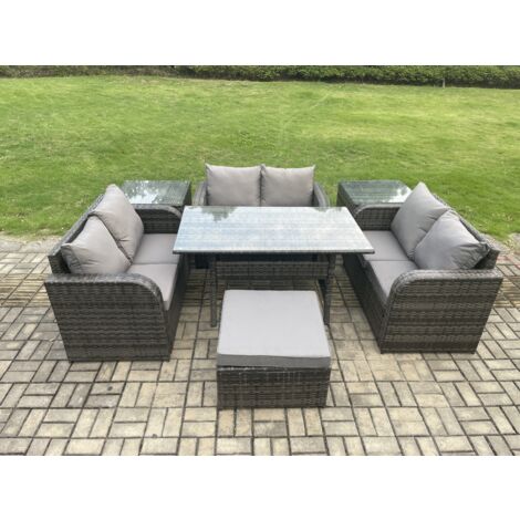 Fimous 7 Sitzer Outdoor Rattan Gartenmöbel-Set mit Terrassen Rechteckiger Esstisch Liebe Sofa 2 Beistelltischen Großer Fußhocker Dunkelgrau gemischt