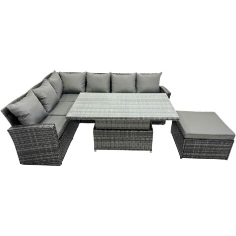 Fimous 7 Sitzer Outdoor Rattan Hoher Rücken Höhenverstellbarer Esstisch Ecksofa Set Gartenmöbel Dunkelgrau gemischt