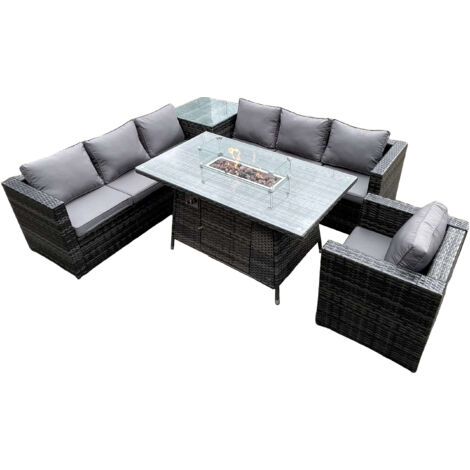 Fimous 7-Sitzer PE Rattan Ecksofa Set Gartenmöbel Gas Feuerstelle Esstisch Set High Side Couchtisch mit Armlehnstuhl