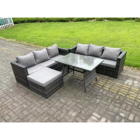 Fimous 7-Sitzer Polyrattan Garten Esstisch Set Gartenmöbel Sofa mit Esstisch 2 Großer Hockern Dunkelgrau Gemischt