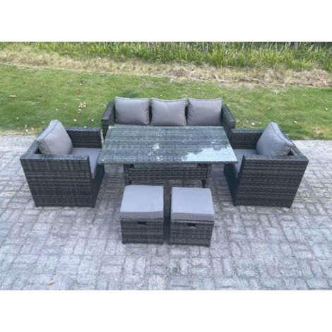 Fimous 7 Sitzer Polyrattan Gartenmöbel-Set Lounge Sofa Sessel und Rechteckiger Esstisch Set 2 kleine Fußhockern Dunkelgrau gemischt