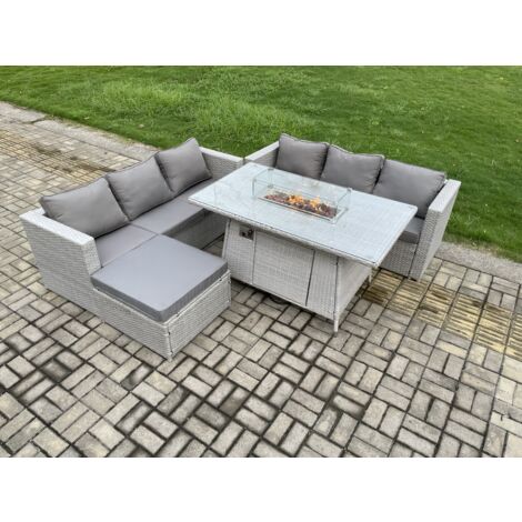 Fimous 7-Sitzer Polyrattan Gartenmöbel Set mit 2 Sofa, Gas Feuertisch und Großer Hocker Outdoor Terrassen Essgruppe Helles Grau