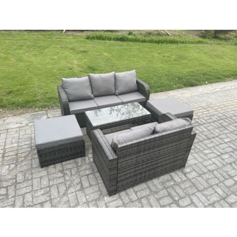 Fimous 7-Sitzer Polyrattan Gartenmöbelset mit Garten Lounge Set mit Rechteckiger Couchtisch 2 hohen Hockern Dunkelgrau Gemischt