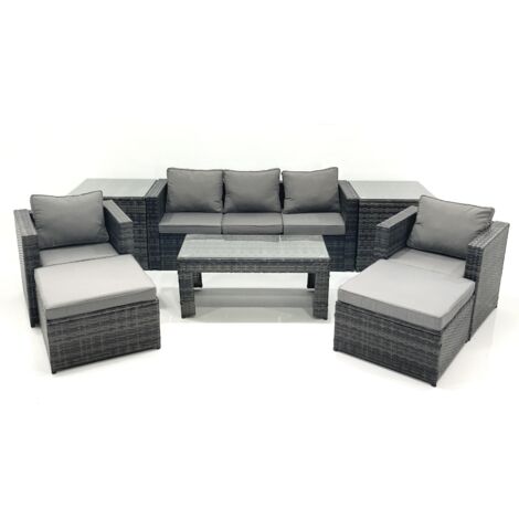 Fimous 7-Sitzer Polyrattan Gartensofa Set Couchtisch 2 Sessel 2 hohen Hockern 2 Beistelltischen Dunkelgrau Gemischt