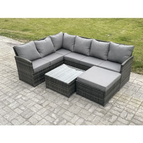Fimous 7 Sitzer Rattan Gartenmöbel Set Ecksofa Set aus Polyrattan mit Quadratischer Couchtisch Großer Fußhocker Dunkelgrau gemischt