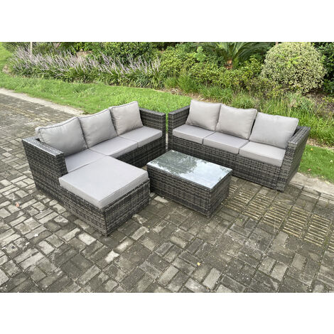 Fimous 7-Sitzer Rattan Gartenmöbel Set Outdoor Patio Sofa Set mit Länglichem Couchtisch Großer Fußhocker Dunkelgrau Gemischt