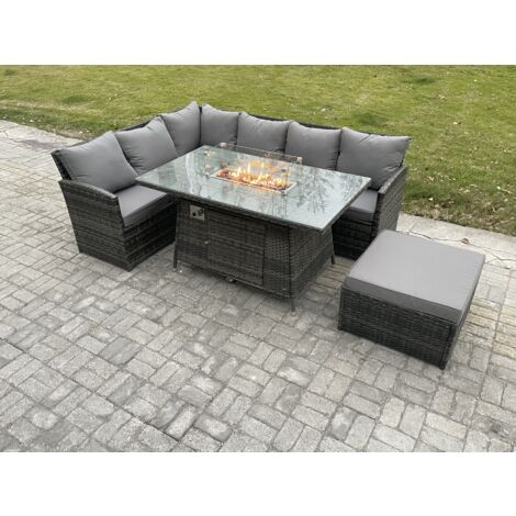 Fimous 7 Sitzer Rattan Gartenmöbel-Sets Hoher Rücken Ecksofa Gas Feuertisch Set mit Großer Fußhocker Dunkelgrau gemischt