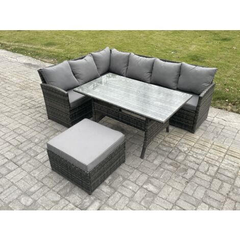 Fimous 7 Sitzer Rattan Gartenmöbel-Sets Hoher Rücken Ecksofa Rechteckiger Esstisch Set mit Großer Fußhocker Dunkelgrau gemischt