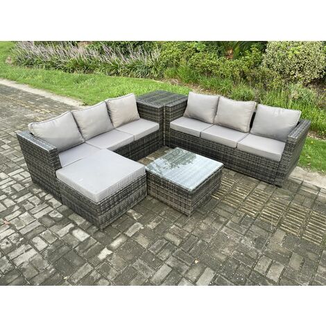 Fimous 7-Sitzer Rattan Gartenmöbel Sofa Set mit Beistelltisch Quadratischer Couchtisch Großer Fußhocker Indoor Outdoor Rattan Set Dunkelgrau Gemischt