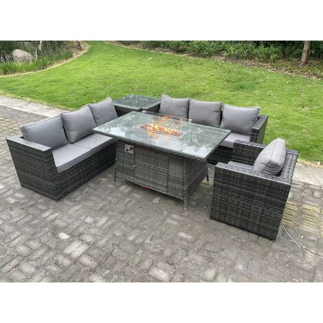 Fimous 7-Sitzer Rattan Gartenmöbel Sofa Set Outdoor Patio Gas Feuerstelle Esstisch Gas Heizung Brenner mit Sessel Beistelltisch Dunkelgrau gemischt
