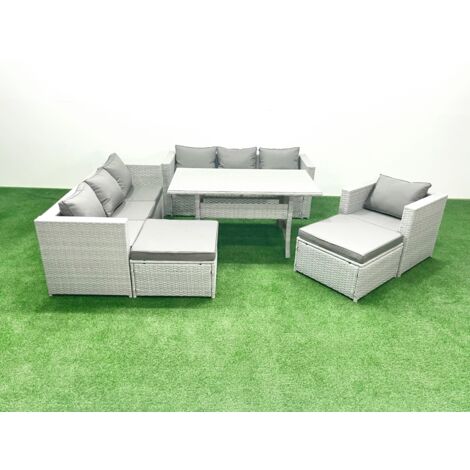 Fimous 7 Stücke Rattan Garten Sofa Set mit Kissen Terrassen Gartenmöbel Sets mit Sessel Esstisch 2 Großer Hockern