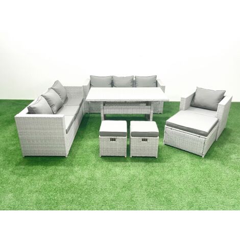 Fimous 7 Stücke Rattan Garten Sofa Set mit Kissen Terrassen Gartenmöbel Sets mit Sessel Esstisch 3 Fußhockern