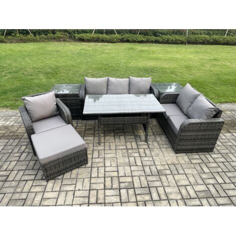 Fimous 7 Teil Ensemble de meubles de jardin en rotin  avec Canapé Table à manger rectangulaire 2 Tables d'appoint Grands Tabouret Set