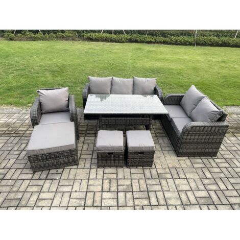 Fimous 7 Teil Ensemble de meubles de jardin en rotin  avec Canapé Table à manger rectangulaire 3 Petits tabourets Set
