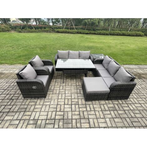 Fimous 7 Teil Ensemble de meubles de jardin en rotin  avec Canapé Table à manger rectangulaire Grands Tabouret Table d'appoint