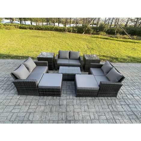 Fimous 8 pc Rattan Sofa Garden Furniture Outdoor Patio Set with 2 Side Tables 2 Big Footstool Love Seat Sofa Dark Grey Mixed