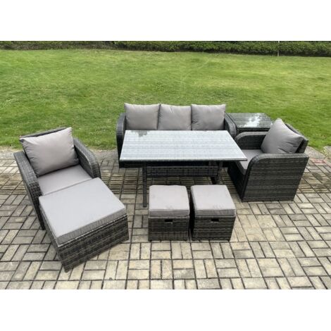 Fimous 8 Pcs Ensemble de meubles de jardin en rotin Table à manger rectangulaire et Fauteuil Canapé avec Table d'appoint 3 Repose-pieds Gris foncé mélangé