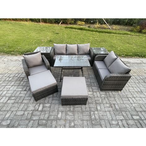 Fimous 8 PCS Outdoor Lounge Sofa Set Wicker PE Rattan Garden Furniture Set with Rectangular Dining Table Armchair 2 Big Footstool 2 Side Tables Dark Grey Mixed
