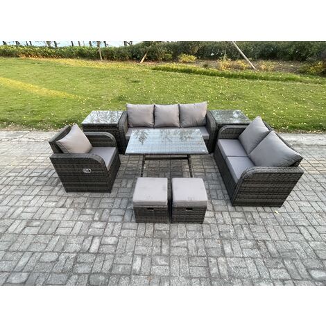 Fimous 8 PCS Outdoor Lounge Sofa Set Wicker PE Rattan Garden Furniture Set with Rectangular Dining Table Armchair 2 Small Footstools Dark Grey Mixed