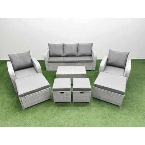 Fimous 8 PCs Rectangular Coffee Table Set Reclining Chair Inclining Sofa Seat 2 Big Footstool 2 Small Stool Light Grey