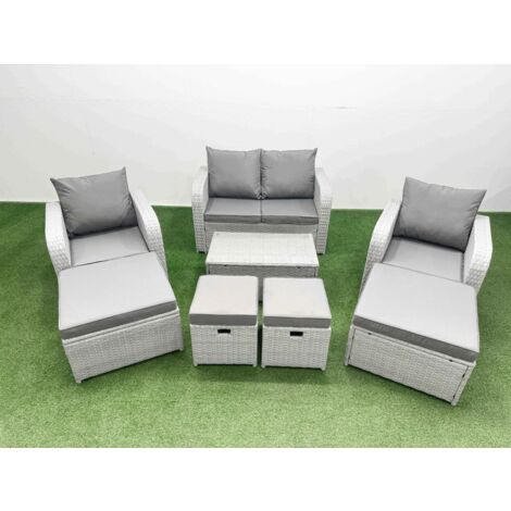 Fimous 8 PCs Rectangular Coffee Table Set Reclining Chair Inclining Sofa Seat 2 Big Footstool Light Grey